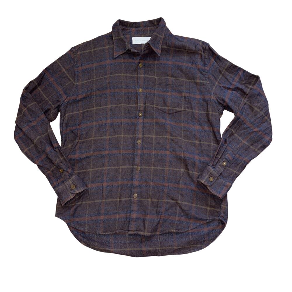 Road to Nowhere Charcoal Brown Slate Blue Organic Cotton Flannel Shirt Plaid L